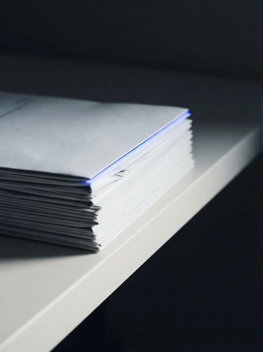 Stacked folded documents on a bone-white surface with a thin blue edge of light.